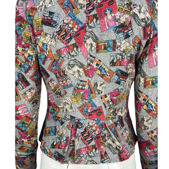 RARE/HTF Comic Print Y Apparel USA puff shoulder Zip Up Peplum Cardigan Sz Md - Picture 10 of 15